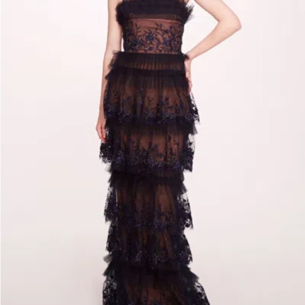 Marchesa Tiered Terrarium Column Gown in Midnight size 8